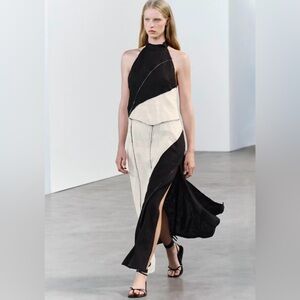 Zara Black and Off white/Beigish Halter Asymmetrical Maxi Dress